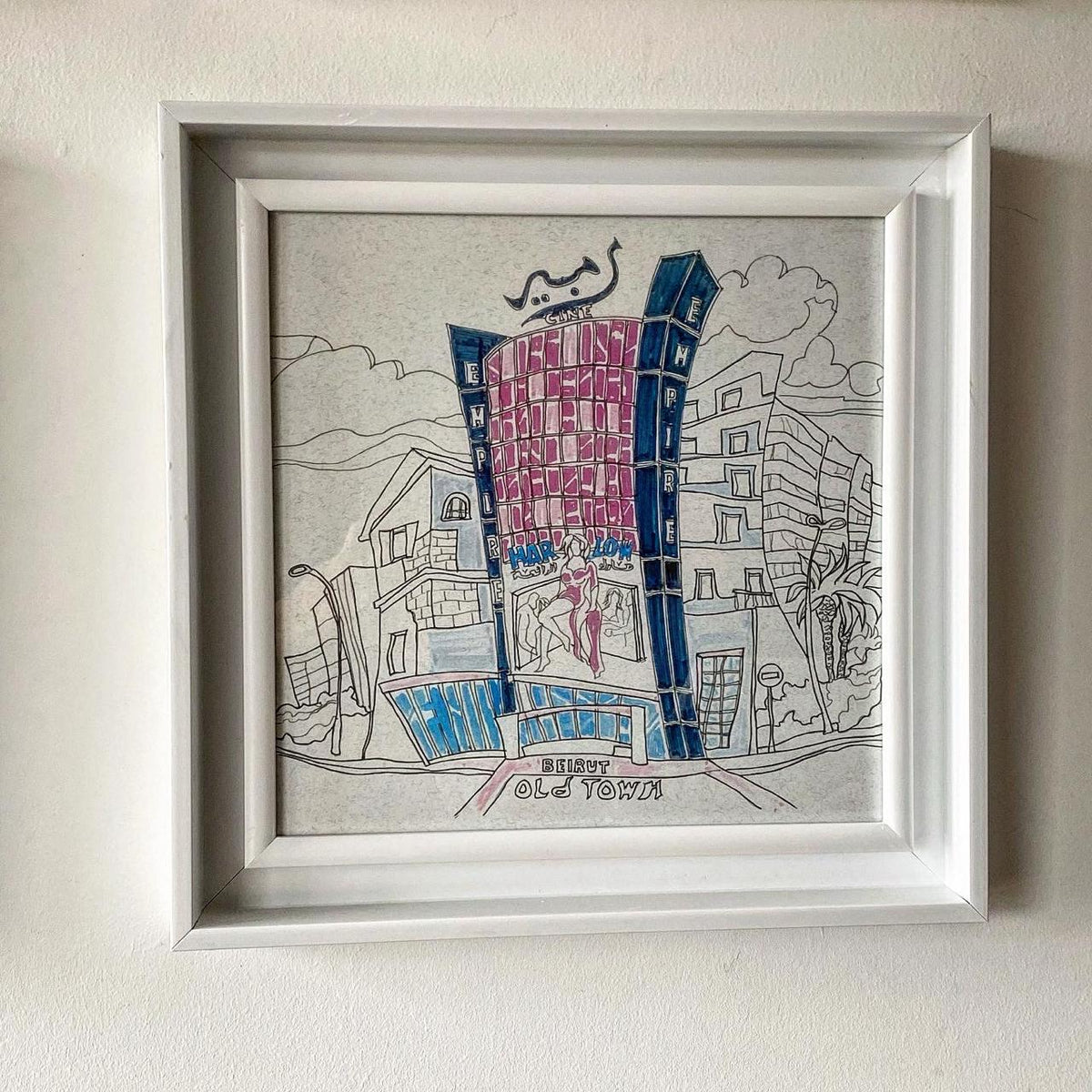 Example of a Retrospaces sketch print, framed in white