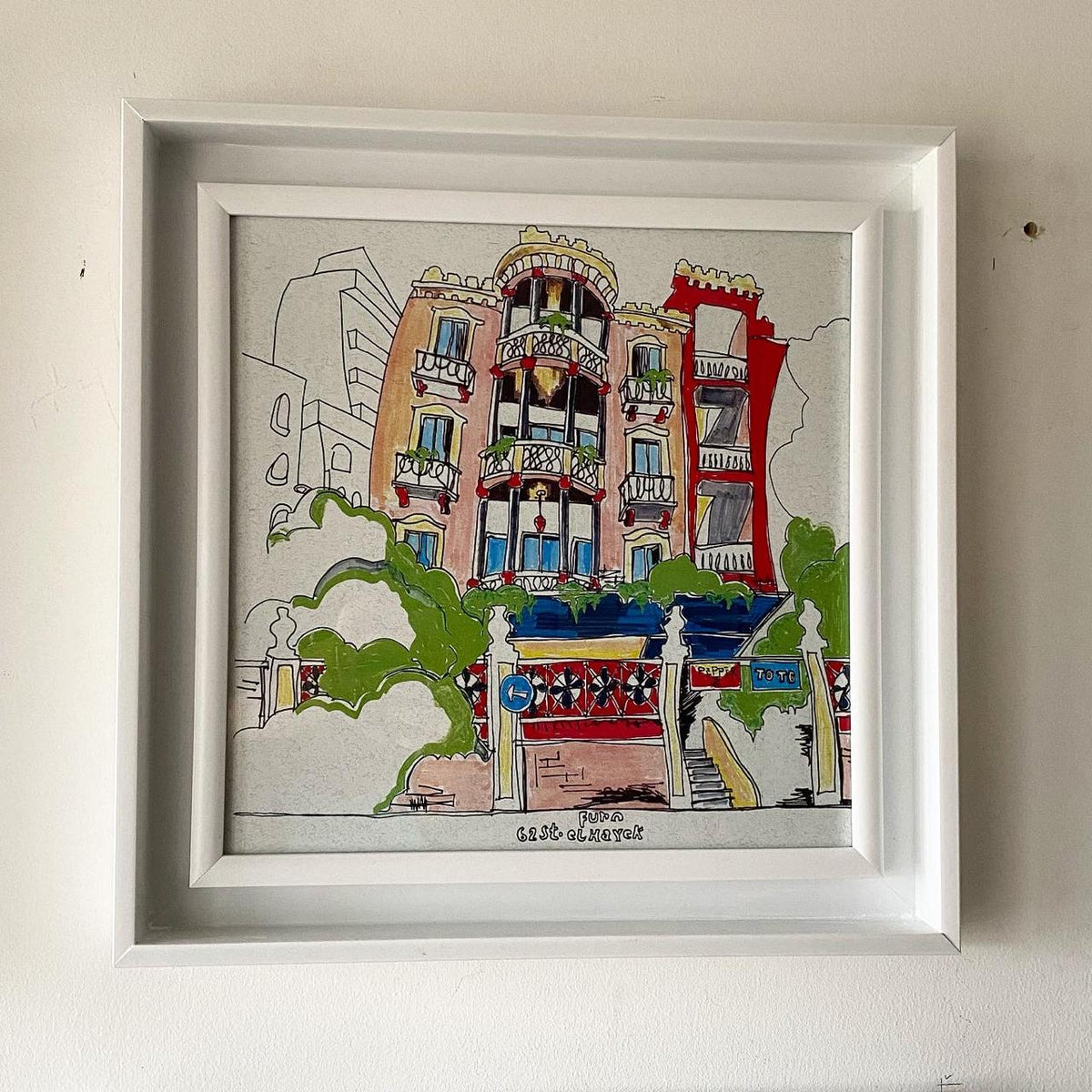 Example of a Retrospaces sketch print, framed in white